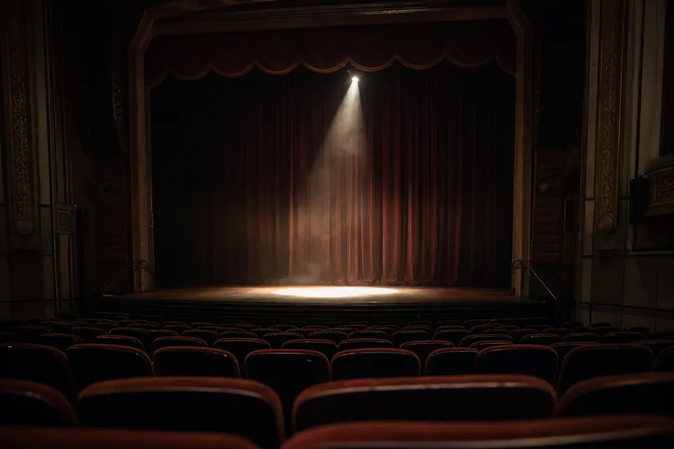 An empty theater stage before the final seen from the audience, with a curtain, one spotlight, rows of seats and light haze