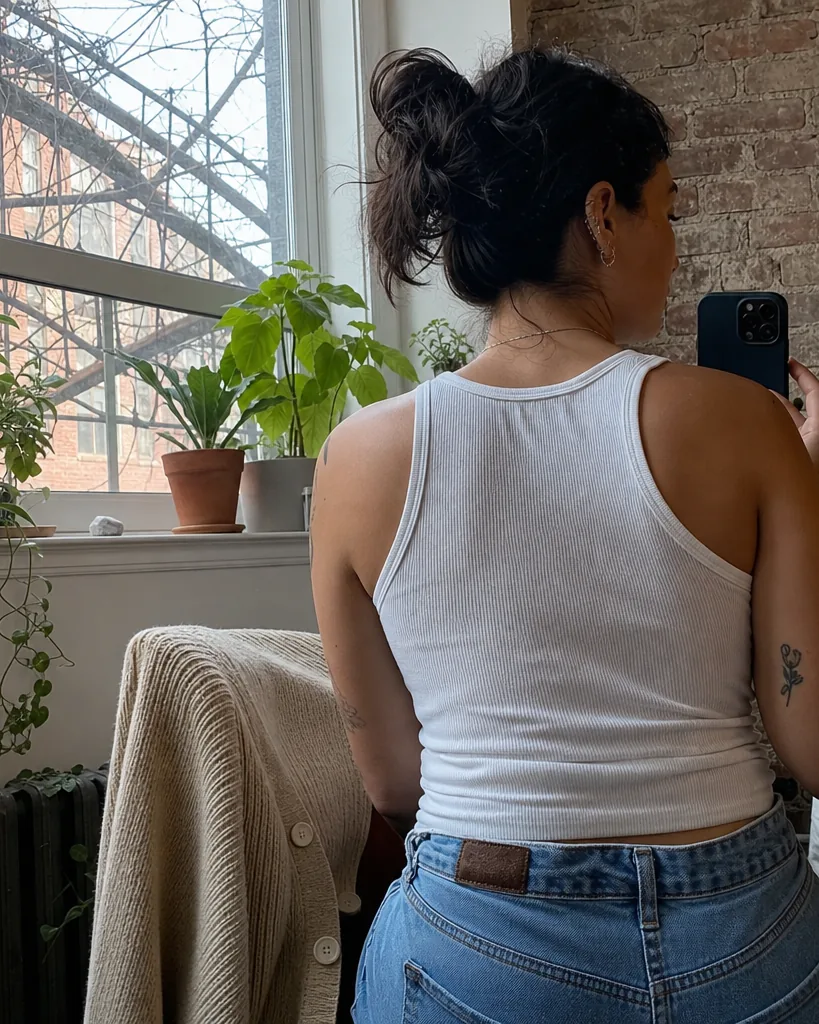 A woman in her thirties taking a photo of herself with her phone in a mirror of a small city apartment, street visible through the window