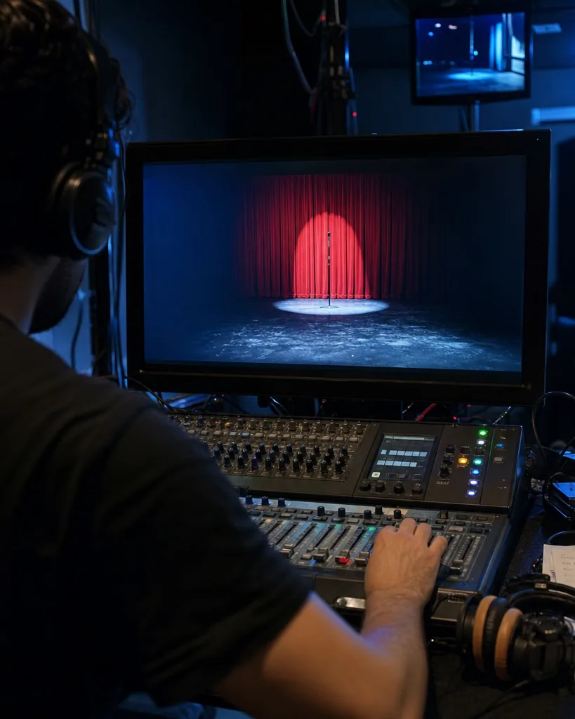 A dark control room for a live stream with a monitor showing an empty theater stage with a curtain, a mixer and an operator's hand on a fader